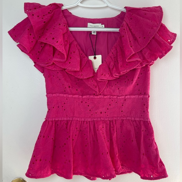 Ted Baker Tops - Ted Baker Mazieh Ruffled
Eyelet Top Bright Fuchsia floral embroidery Size 2 NWT